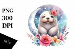 Whimsical Moon Flowers Baby Walrus Clipart Product Image 3