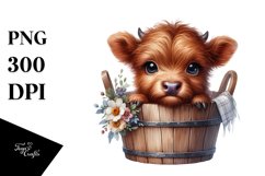 Cute Baby Highland Cow with Wood Bucket, PNG Product Image 1