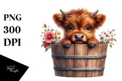 Cute Baby Highland Cow with Wood Bucket, PNG Product Image 3