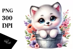 Baby Arctic Fox Sitting in Bucket with Flowers Product Image 1