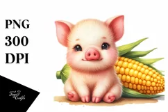 Cute Baby Pig Watercolor Sitting in Front of Corn Cob Product Image 3