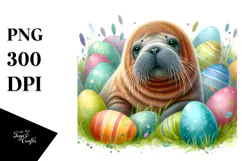 Digital Watercolor with Cute Baby Walrus, Transparent PNG Product Image 1
