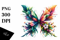 Vibrant Butterfly with Plant Leaves and 3D Flowers PNG Product Image 3