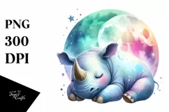 Vibrant Watercolor Rhino Sleeping on the Moon | Clipart Product Image 4