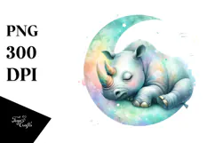 Vibrant Watercolor Rhino Sleeping on the Moon | Clipart Product Image 1