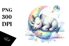 Vibrant Watercolor Rhino Sleeping on the Moon | Clipart Product Image 1