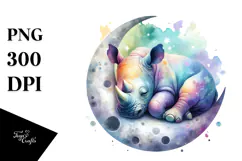 Vibrant Watercolor Rhino Sleeping on the Moon | Clipart Product Image 1