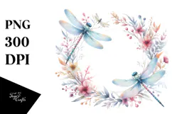 Vibrant Watercolor Dragonfly Floral Frame | Clipart Product Image 1