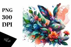 Vibrant Watercolor Rabbit with Flowers PNG Product Image 1