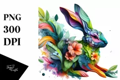 Vibrant Watercolor Rabbit with Flowers PNG Product Image 3