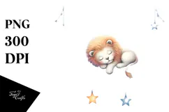Vibrant Watercolor Cute Lion Sleeping on the Moon | Clipart Product Image 1