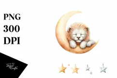Vibrant Watercolor Cute Lion Sleeping on the Moon | Clipart Product Image 4