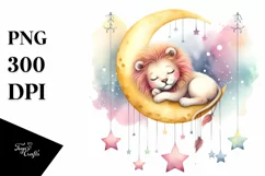 Vibrant Watercolor Cute Lion Sleeping on the Moon | Clipart Product Image 4