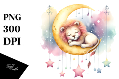 Vibrant Watercolor Cute Lion Sleeping on the Moon | Clipart Product Image 1