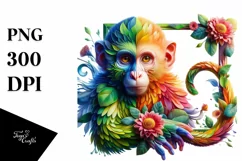 Vibrant Watercolor Monkey with Flowers PNG Product Image 3
