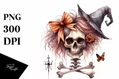 Simple Halloween Skull with Hair and Bow, Transparent PNG Product Image 3