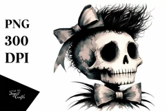 Retro Skull with Hair and Bow PNG Product Image 1