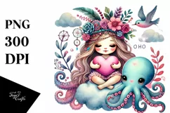 Adorned Baby Octopus on Moon with Heart PNG Product Image 1