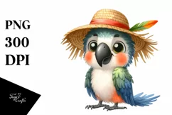 Funny Parrot Standing with Sun Hat | Watercolor Clipart Product Image 1