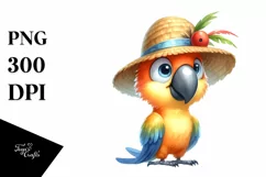 Funny Parrot Standing with Sun Hat | Watercolor Clipart Product Image 1