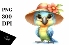 Funny Parrot Standing with Sun Hat | Watercolor Clipart Product Image 1