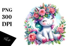 Beautiful Baby Unicorn with Floral Wreath, Lovely PNG Product Image 1