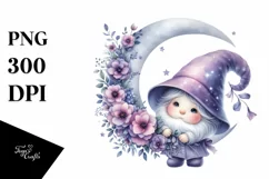 Cute Baby Gnome with Violet Floral Frame, Transparent PNG Product Image 1