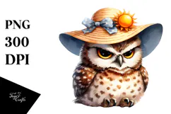 Watercolor Funny Owl Sitting Sun Hat Clipart Product Image 1