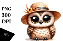 Watercolor Funny Owl Sitting Sun Hat Clipart Product Image 1