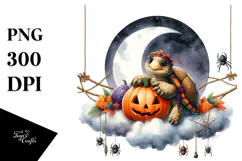 Watercolor Halloween Turtle Sitting on Cloud PNG Product Image 1