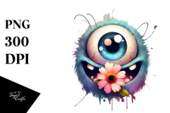 Funny Eyeball Monster with Flower, Vibrant Watercolor PNG Product Image 1