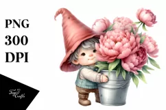 Cute Baby Gnome with Peonies, Transparent PNG Product Image 1