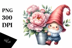 Cute Baby Gnome with Peonies, Transparent PNG Product Image 1