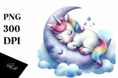 Colorful Baby Unicorn Napping | Watercolor Moon Product Image 1