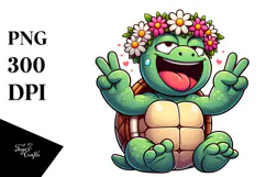 Goofy Cartoon Turtle with Flower Crown, Transparent PNG Product Image 1