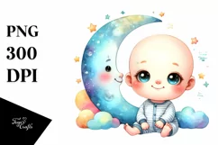 Colorful Watercolor Baby Moon Clipart Product Image 1