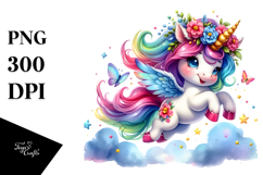 Cute Jumping Unicorn with Floral Wreath PNG Product Image 1