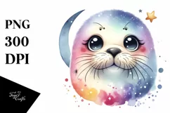 Colorful Bearded Seal with Moon and Stars | Clipart Product Image 1