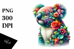 Abstract Koala with Plant Leaves and 3D Flowers PNG Product Image 1
