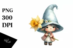 Cute Baby Gnome with Daffodil, PNG Product Image 1
