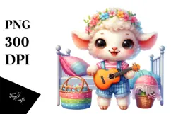 Smiling Baby Lamb with Guitar PNG Product Image 1