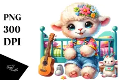 Smiling Baby Lamb with Guitar PNG Product Image 1