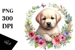Watercolor Puppy Floral Frame | Sublimation | Clipart Product Image 1