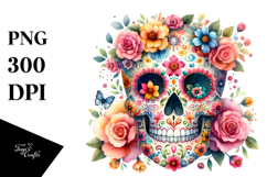 Colorful Skull and Flower Watercolor PNG Product Image 1