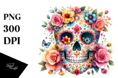 Colorful Cute Skull Flower Painting, PNG Product Image 1
