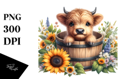 Cute Baby Highland Cow in Wood Bucket, Transparent PNG Product Image 1