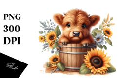 Cute Baby Highland Cow in Wood Bucket, Transparent PNG Product Image 1