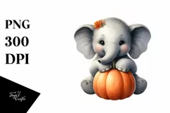 Funny Cute Baby Elephant with Pumpkin | Clipart Product Image 3