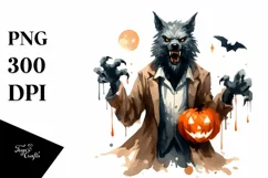 Watercolor Werewolf Halloween PNG Product Image 1