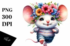 Watercolor Baby Mouse with Flowers PNG Product Image 1